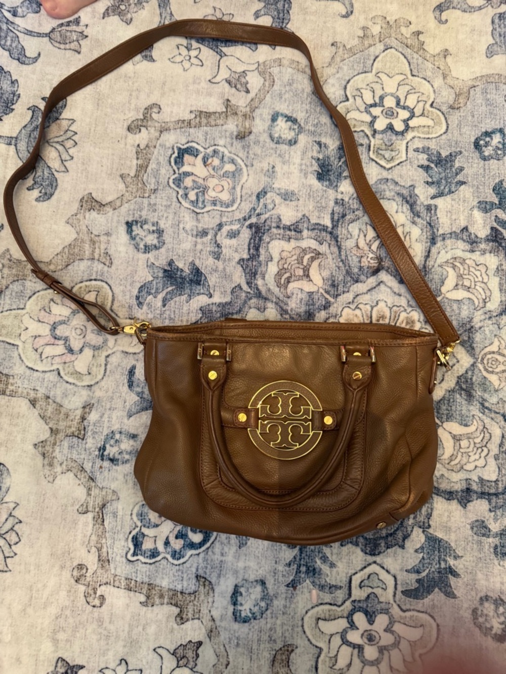 Tory Burch Amanda Brown Pebbled Leather Crossbody with Gold Logo